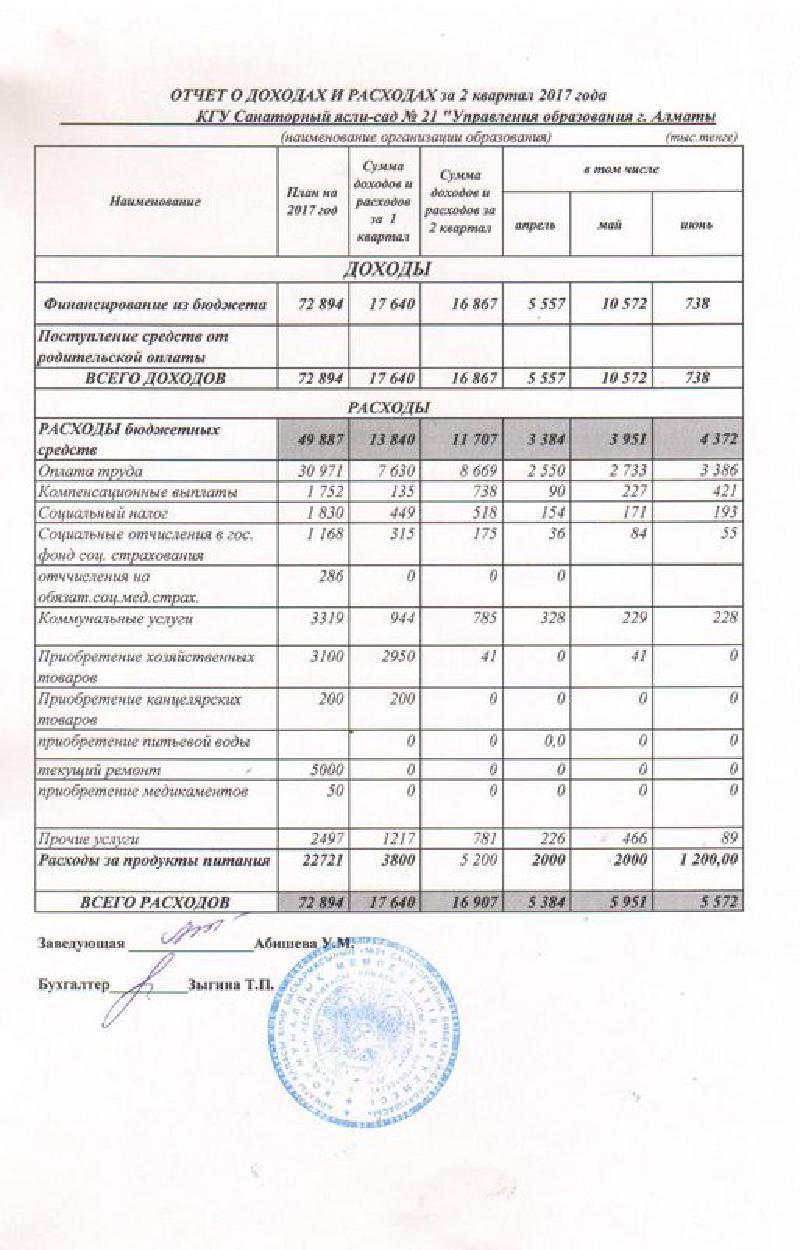 Отчет о доходах и расходах за 2кв 2017г