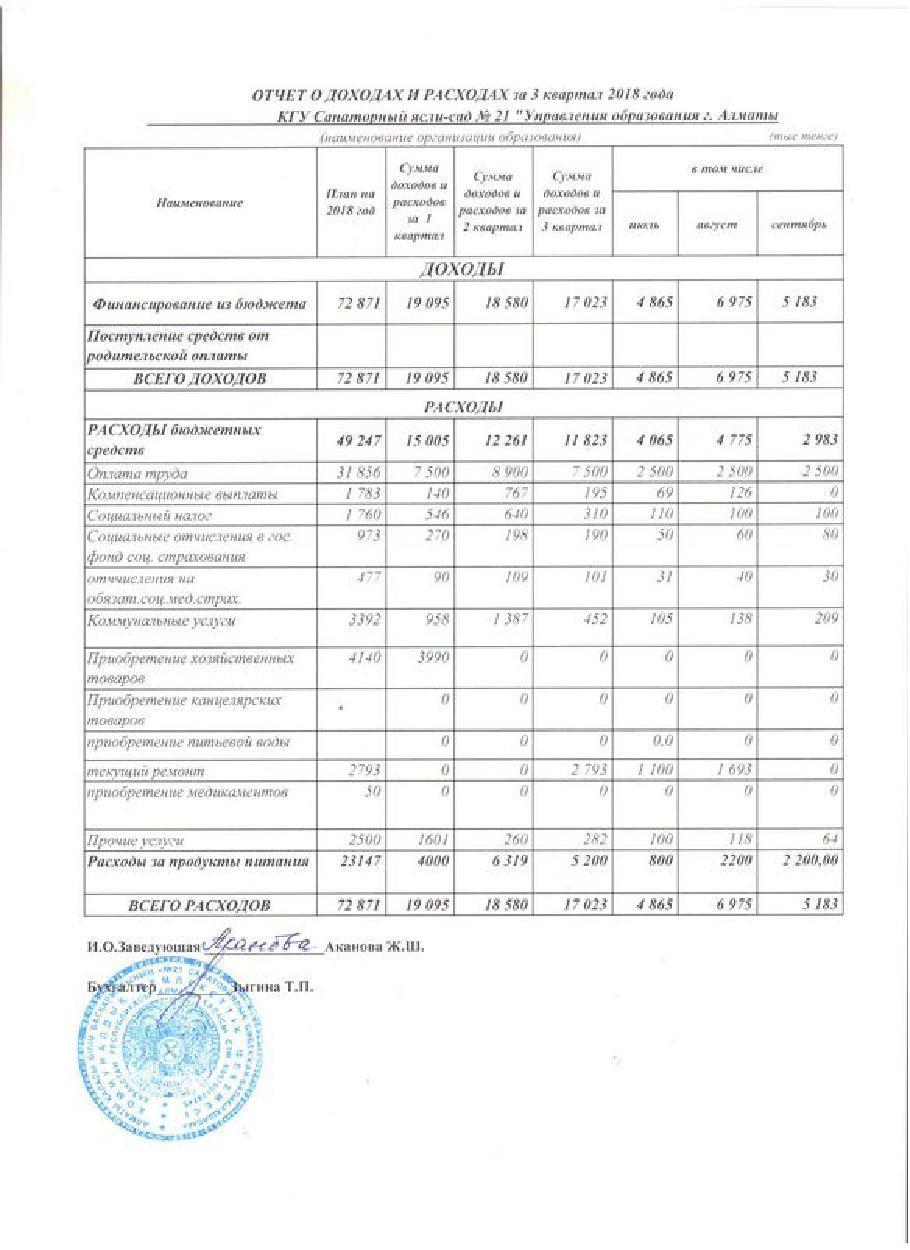 Отчет о доходах и расходах за 3 кв 2018