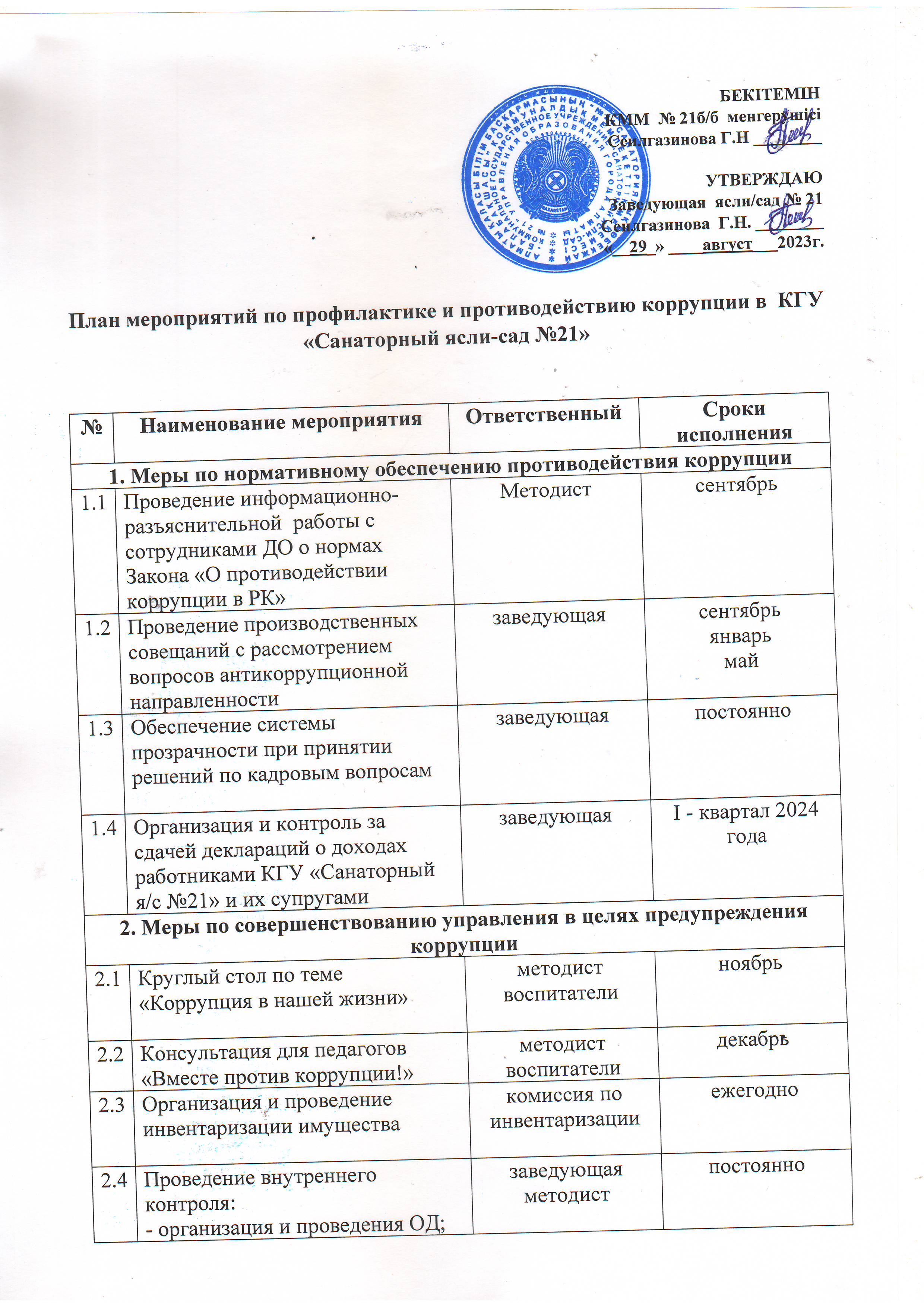 Сыбайлас жемқорлықтың алдын алу және оған қарсы іс-қимыл жөніндегі іс-шаралар жоспары. План мероприятий по профилактике и противодействию коррупции