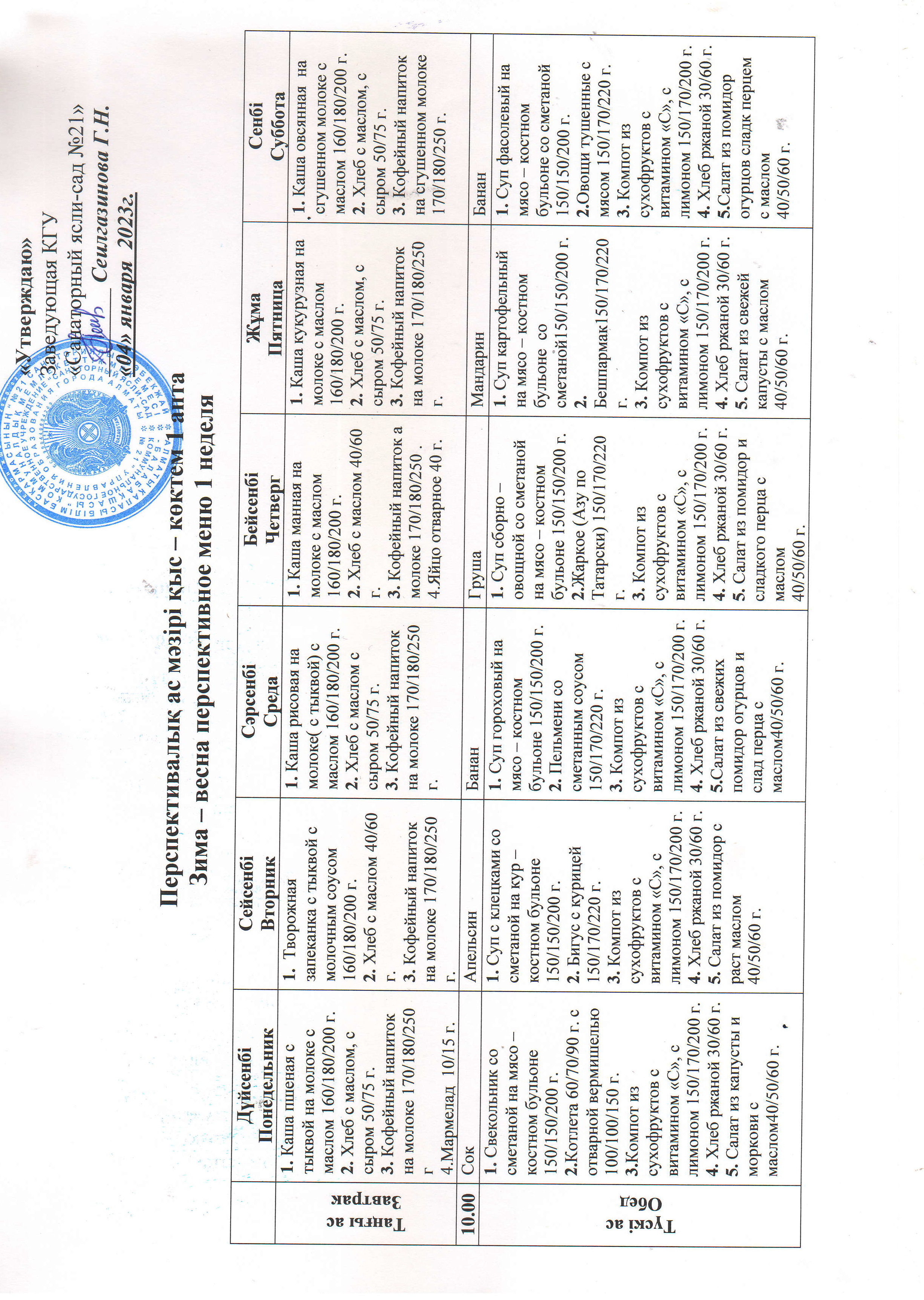 Перспективное меню.  Ас мәзірі